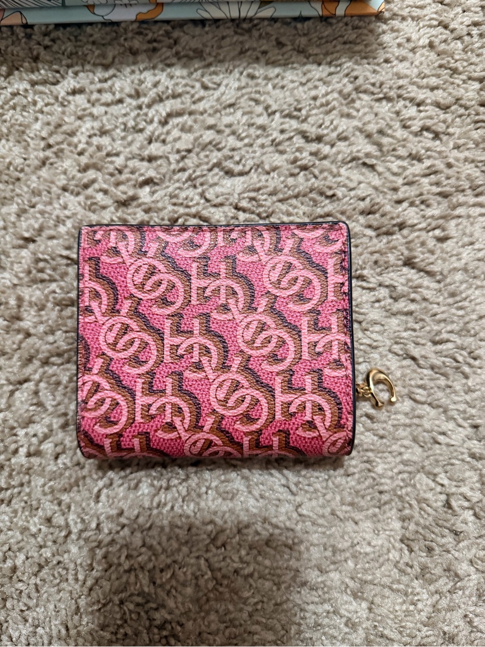 Coach Pink Signature Monogram Compact Wallet with Gold Hardware